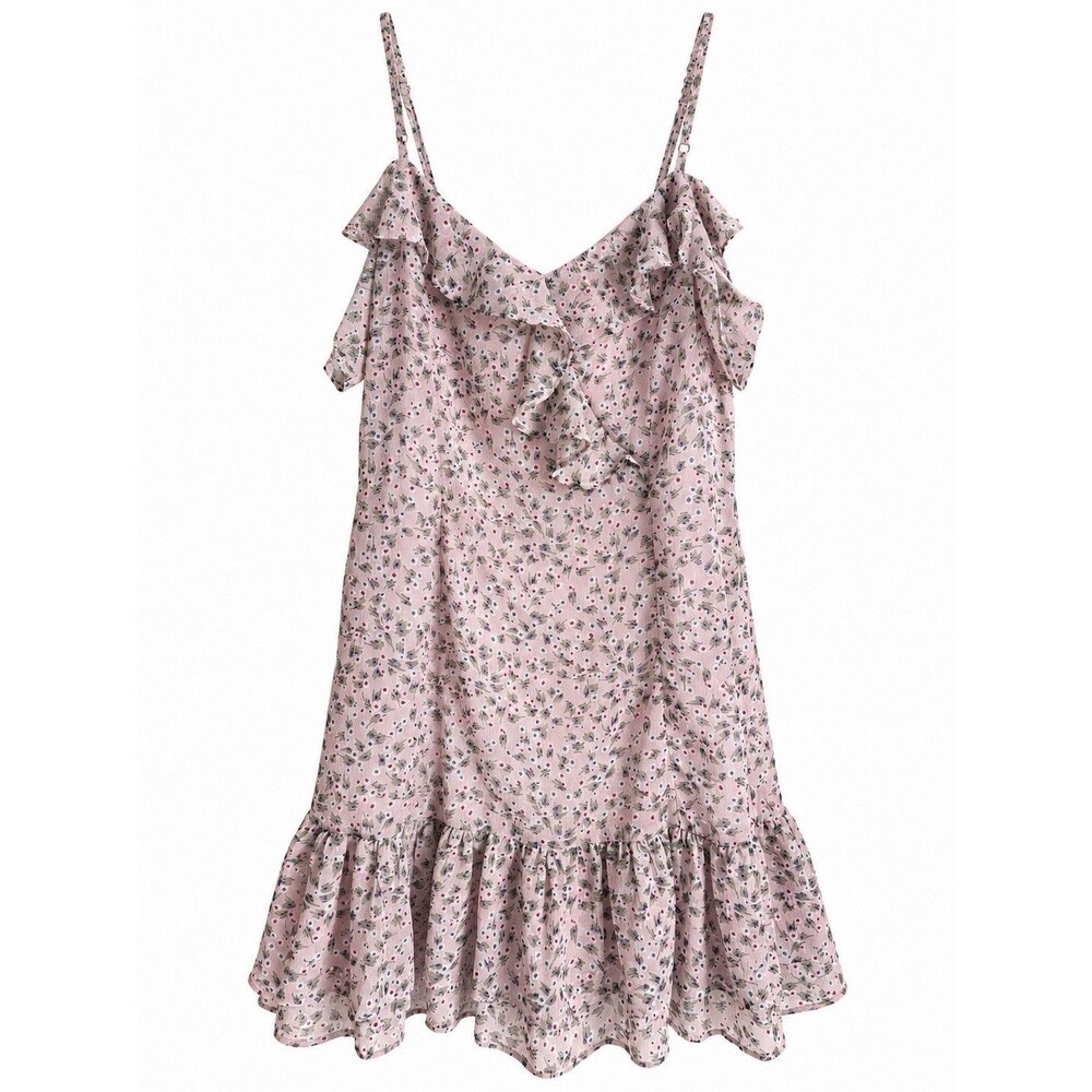 Lulus Pink Floral Ruffle Mini Dress Size Small Cottagecore Romantic Boho